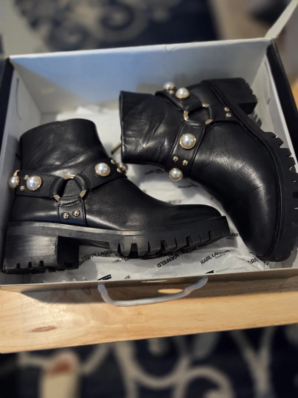 Karl Lagerfeld Black Leather Ankle Boots with Pearl & Stud Trim
